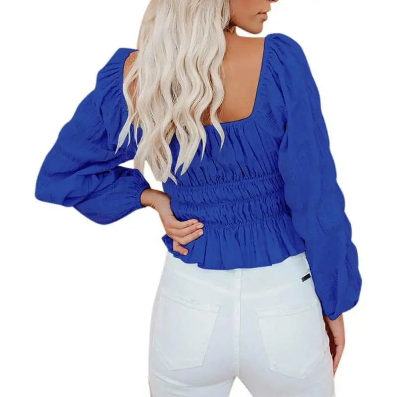 

Women Long Puff Sleeve Tops Blouse Frill T-Shirt Square Neck Casual Loose Top