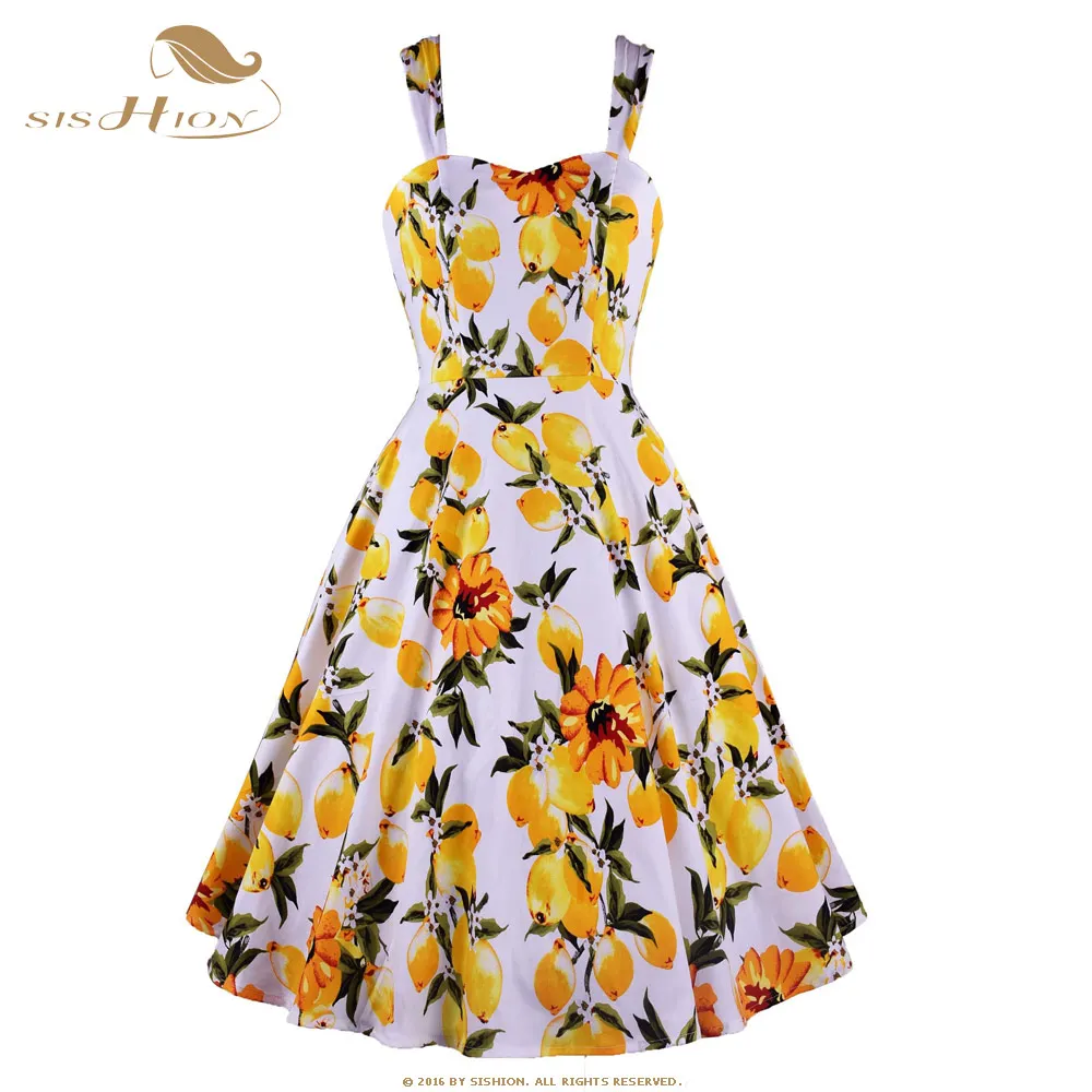 

Женское винтажное платье на тонких бретельках SISHION SD0036, ТРАПЕЦИЕВИДНОЕ ПЛАТЬЕ в стиле ретро с лимонным цветочным принтом
