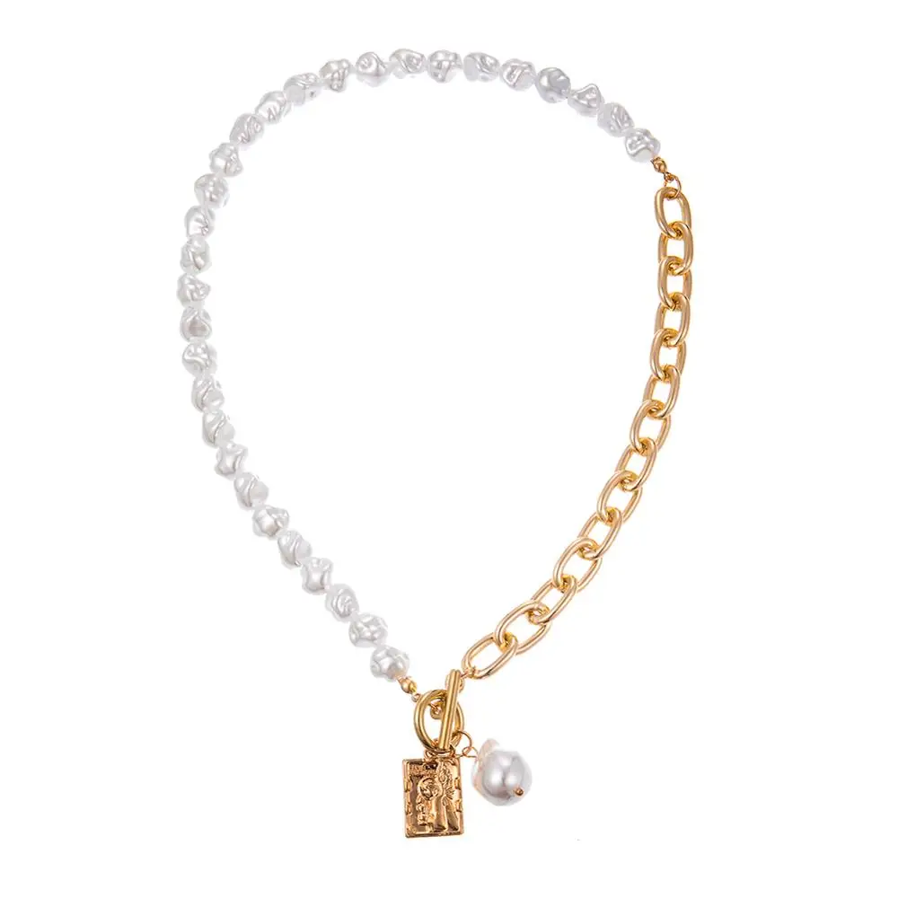 

Ladies Retro Punk Geometric Angel Pendant Love Necklace Jewelry Irregular Pearl Chain Necklace