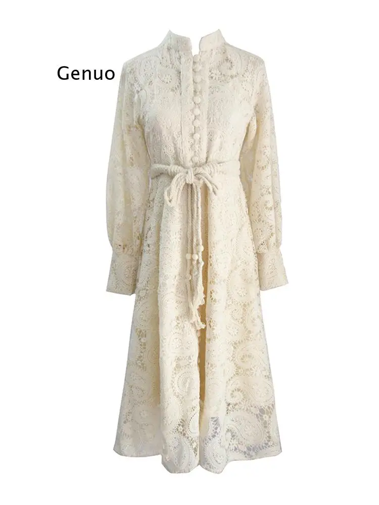 

Spring Midi Dress Luxury Elegant A-Line Party Belt Hollow Out Lace Embroidery Dresses Women Long Sleeve Vintage