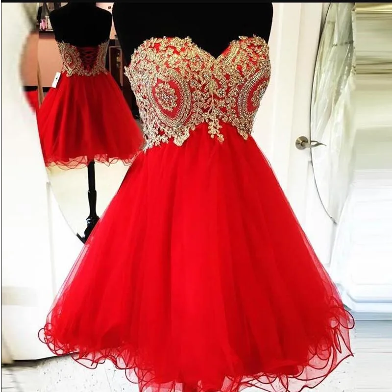 Red Tulle  Short Homecoming Dress Custom Made  Gold Lace Beaded  Girls Cocktail Party Gowns For Women 2020 Plus Size Party Dress