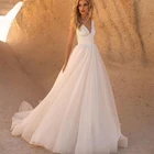 Простое пляжное свадебное платье Weiyin AE0715, 2022 Тюлевое атласное ТРАПЕЦИЕВИДНОЕ свадебное платье принцессы с V-образным вырезом, свадебное платье
