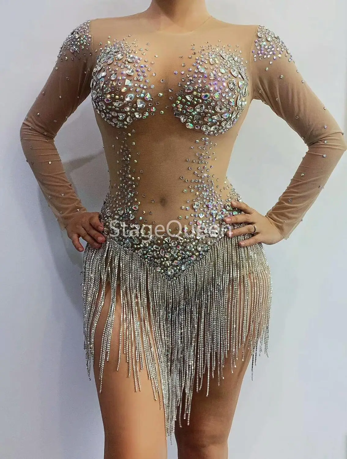 Kaufen Quaste Silber Strass Nude Kleid Sexy Frauen Dance Kostüme Sänger DJ DS Beyonce Dancewear Pole Dance Bar Gogo Tänzerin Outfits