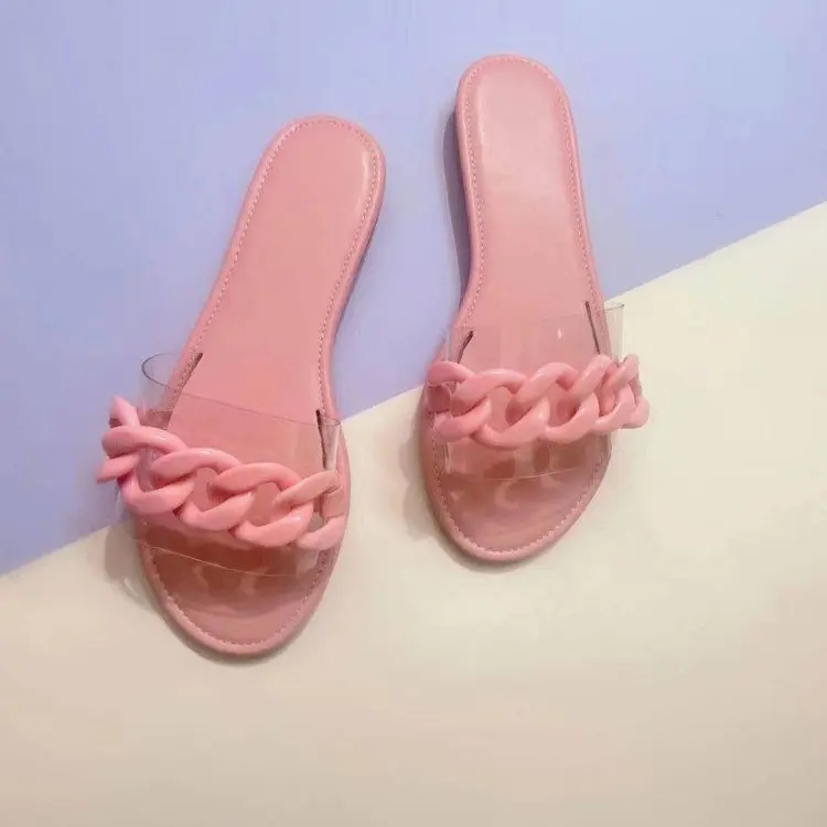 

2021 Summer New Candy Color Fashion Slippers Women's Chain Flat Casual Sandals Large Size 43