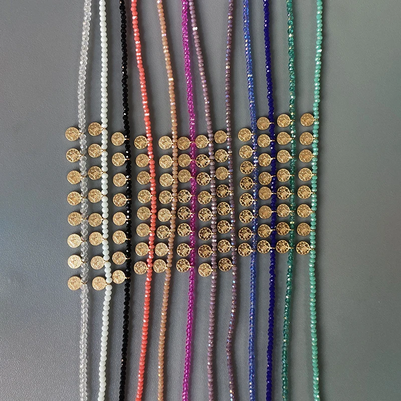 

Boho style handmade jewelry 2mm colorful crystal beads alloy pendant necklace for women fashion short choker boutique gift