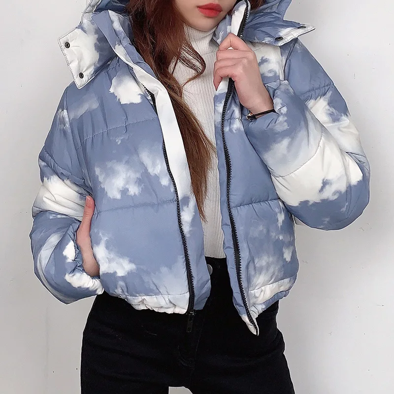 

Fashion Coat Blue Sky and White Clouds Pattern Standard Collar Oversized Short Jacket Winter Autumn Female Jacket Parkas Mujer