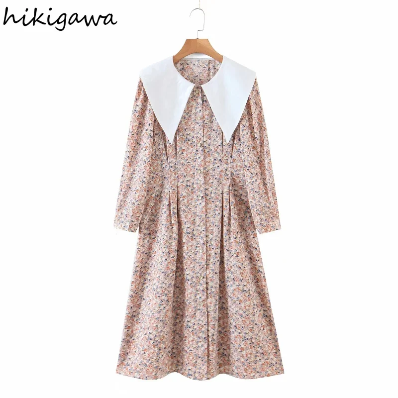 

Платье Hikigawa, корейская мода, воротник Питер Пэн, длинный рукав, цветочный принт, Vestido De Mujer, однобортные приталенные платья с высокой талией