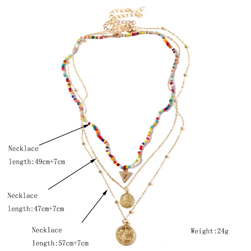 

3 pcs Bohemian handmade rice beads coin multi-layer necklace ins trend long geometric pendant women jewelry