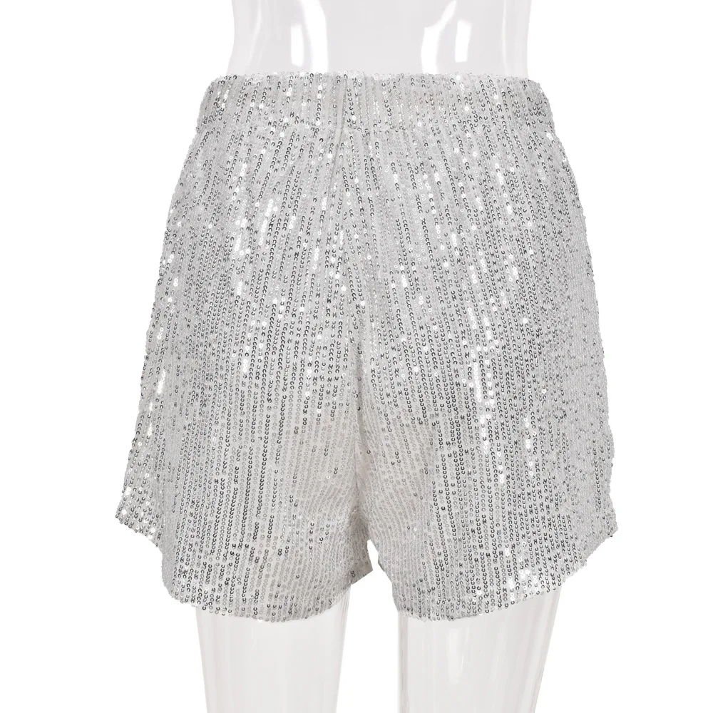

Mandylandy Shorts Summer Fashion Elastic Waist Solid Color High Waisted Shorts Women's Casual Stitching Sequins Loose-Fit Shorts
