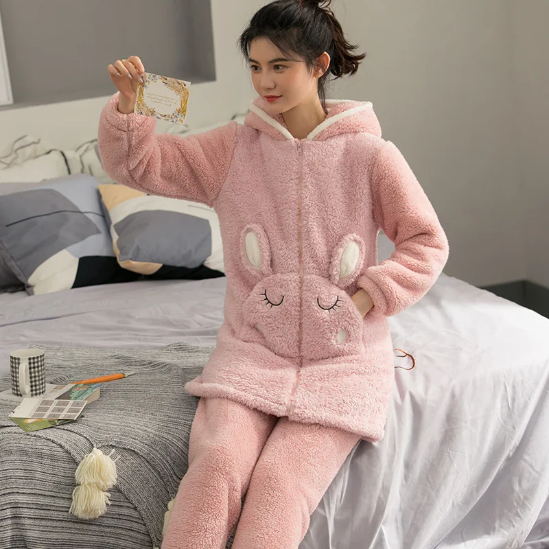 

Pajamas Women Autumn Winter Coral Fleece Hooded Long Sleeve Sleep Tops 2 Piece Set Sleepwear Pink Cute Cartoon Flannel Home Wear