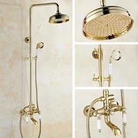 gold color brass two ceramic handle wall mounted bathroom rain shower head bath tub faucet set telephone shape hand spray mgf371
