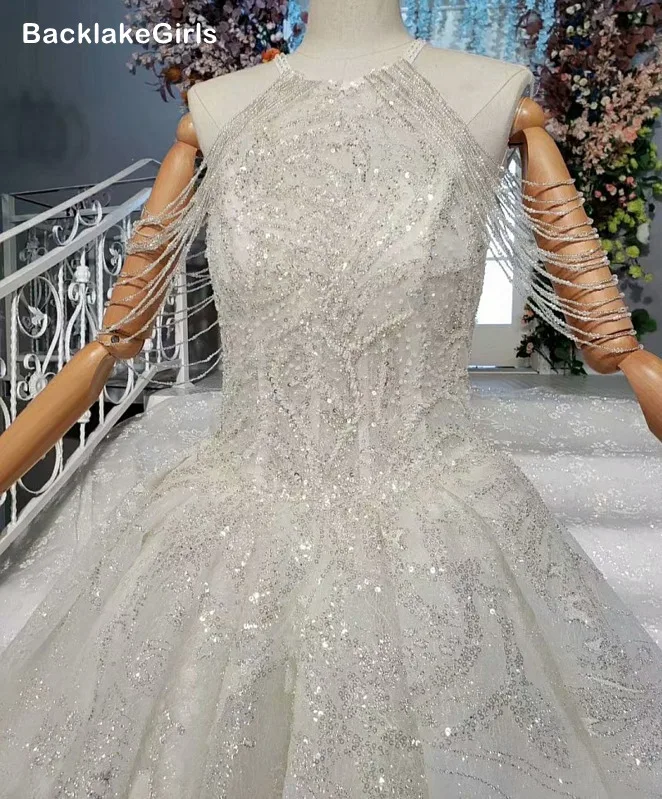 2020 сексуальное свадебное платье без рукавов с вырезом на шее и бисером длинным