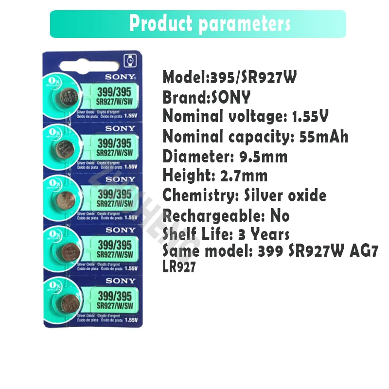 4 шт./лот Sony 100% оригинал 395 SR927SW 399 SR927W AG7 LR927 1 55 в серебряный оксид аккумулятор для