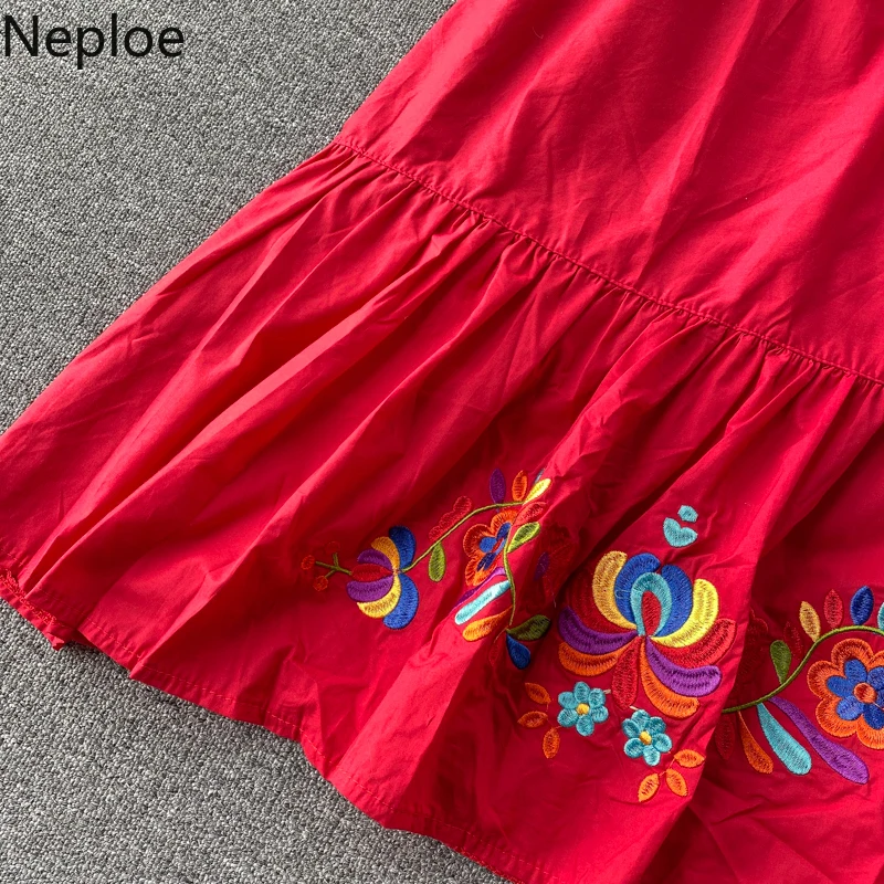 

Neploe Embroidey Indie Folk Dress Women Fashion Butterfly Sleeve V Neck Ladies Vestido Elegant Lace Up Slim Waist Female Dresses