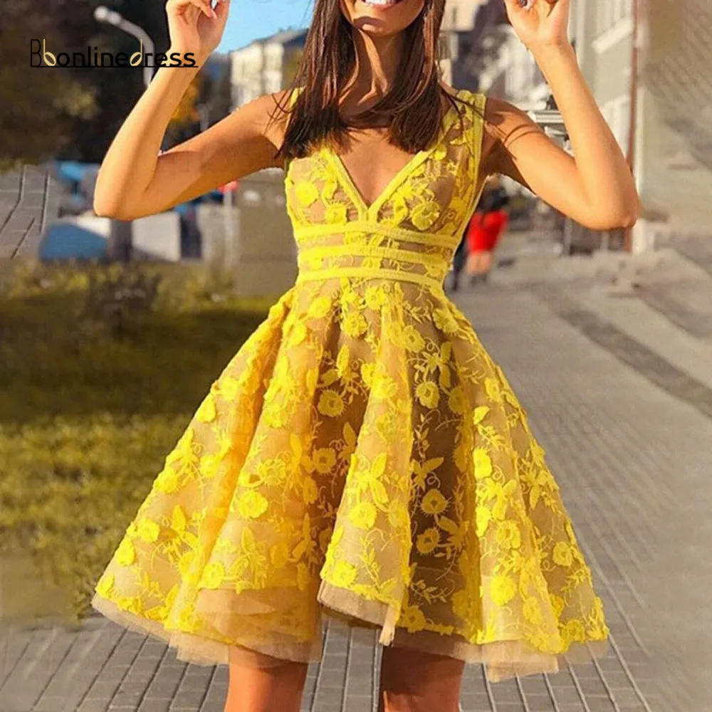 Bbonlinedress желтое платье для выпускного вечера 2020 Кружева v образным вырезом с