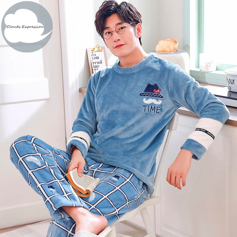 Пижамный комплект мужской фланелевый теплый тонкий пижамный одежда для сна с