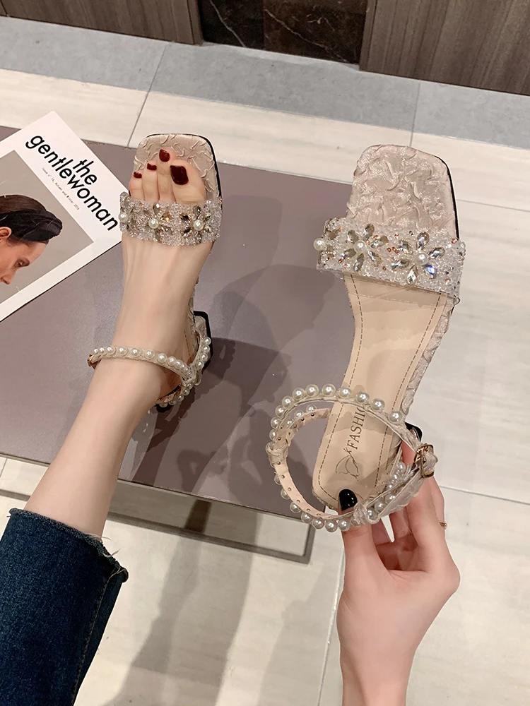 

Comfort Shoes for Women High Heel Sandals Med Buckle Strap All-Match Suit Female Beige 2021 Summer High-heeled Fashion Medium Bl