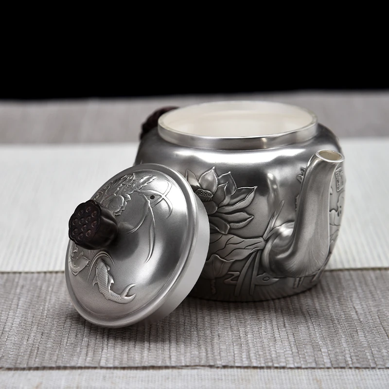 

Ag999 Sterling Silver Teapot Carved Lotus Kitchen Utensils Built-in Filter Handmade Coffee Tea Pot
