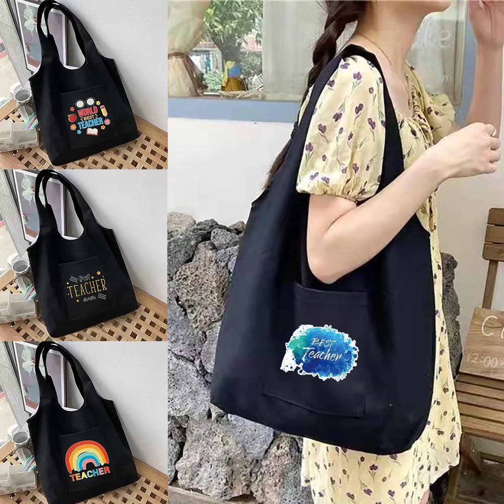 

Women's Shopping Bags Shoulder Shopper Vest Bag Teacher Series Cotton Canvas Grocery Eco Handbags Female Commuter Tote Bag
