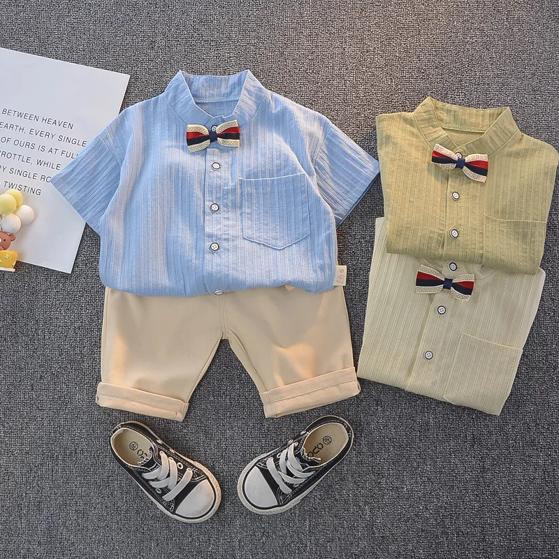 

От 0 до 4 лет для младенцев, для маленьких мальчиков, комплект одежды в полоску с галстуком-бабочкой, футболка Топы + однотонные шорты, комплек...