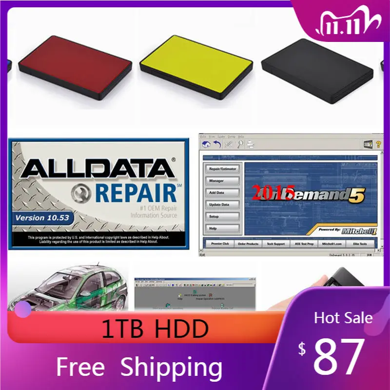 

Хит продаж 2021, alldata 10,53 с программным обеспечением chell Heavy duty Mit/chell od5 2015, Эльза, ATSG, яркий tis2000, in1tb hdd