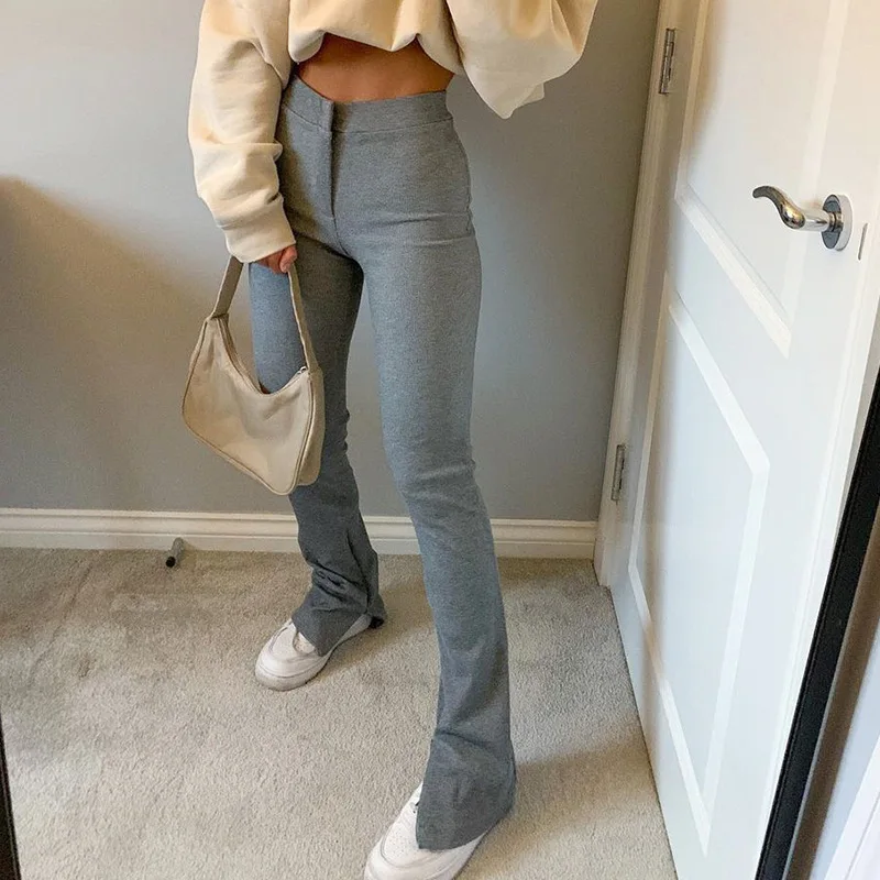

Pencil Pants Aesthetic Trousers Femme Women Stretch Flare Long Pants High Wais Zipper Spring Autumn Gray Slim Split Casual