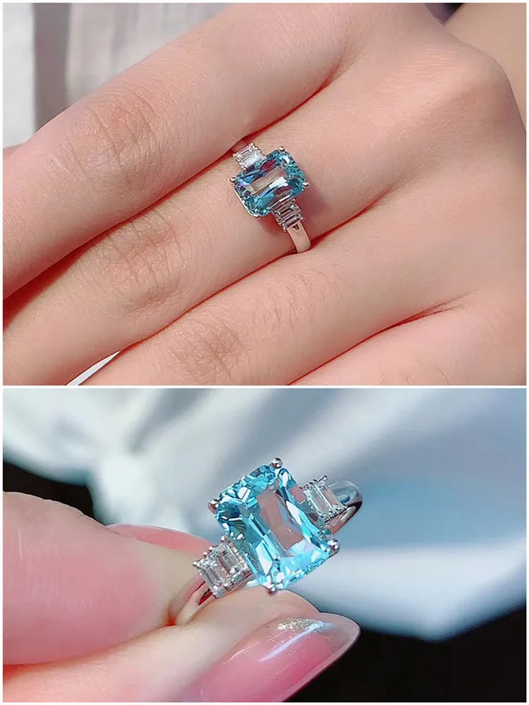 

Fashion blue crystal aquamarine topaz gemstones diamonds rings for women white gold silver color jewelry bague bijoux gifts new