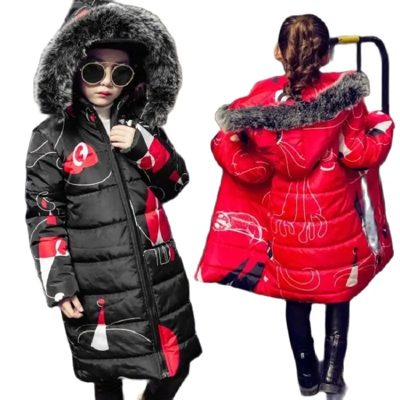 Зимняя длинная куртка с рисунком для маленьких девочек Детские теплые плотные