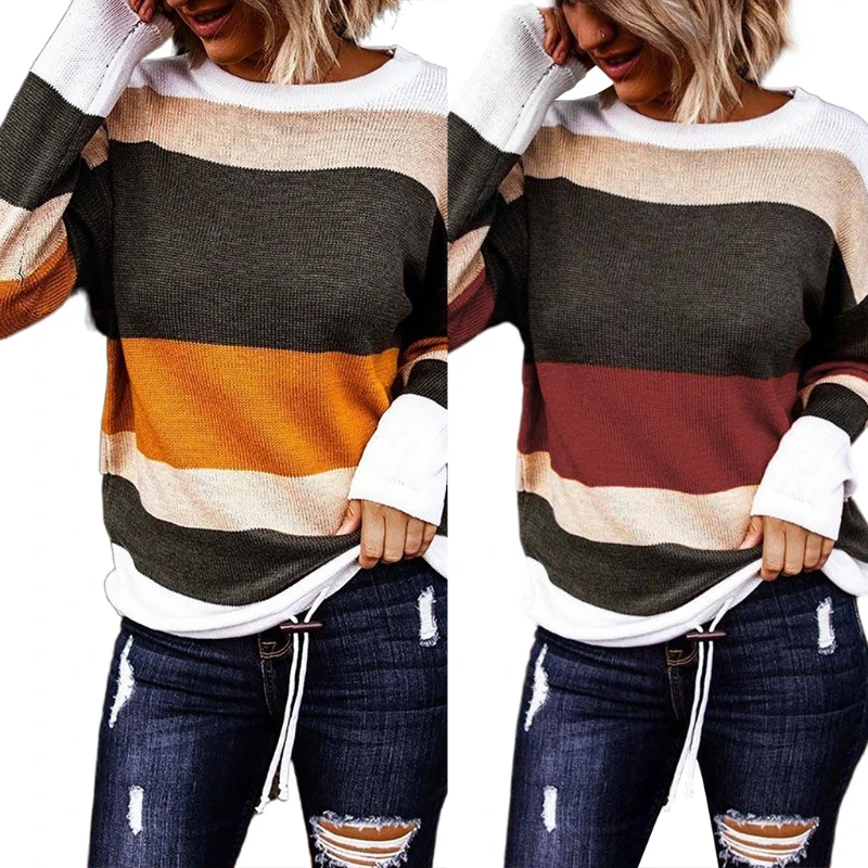 

Women Striped Patchwork Sweater Loose Round Neck Knitted Pullover Jumper Casual Female Tops Tunic
