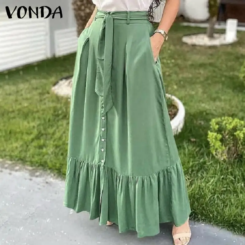 

Elegant Summer Long Maxi Skirts 2021 VONDA Women Vintage Button Up Ruffled Party Skirt Solid Streetwear Femininas