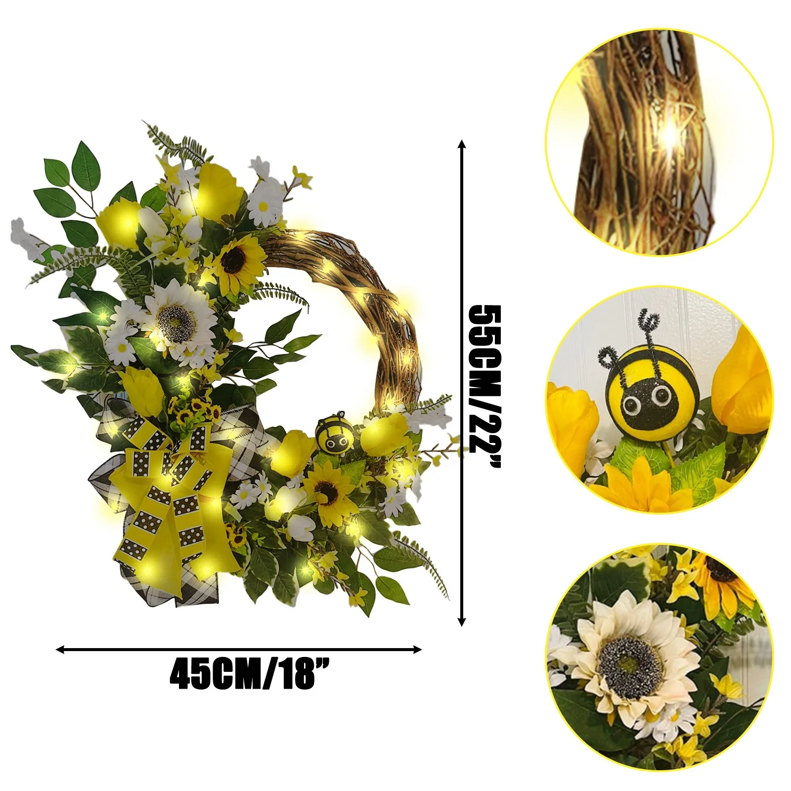

22inch Bee Sunflower Wreath Lights Home Decor for Front Door Wall Window Suitable for Outdoor, Indoor Garden J60