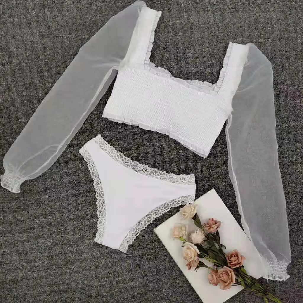 2020 Bikini White Ruffled Set Women V-neck High Waist Two Piece Swimsuit Girl Beach Bathing Suit Swimwear Biquinis#J30 | Женская одежда