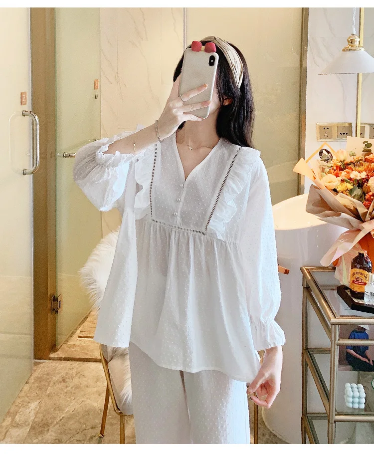 

Simple Pajamas Women Spring New Palace Style Princess V-neck Nightwear Lace Cotton Ruffled Long-Sleeved Sleepwear 2-Piece Set