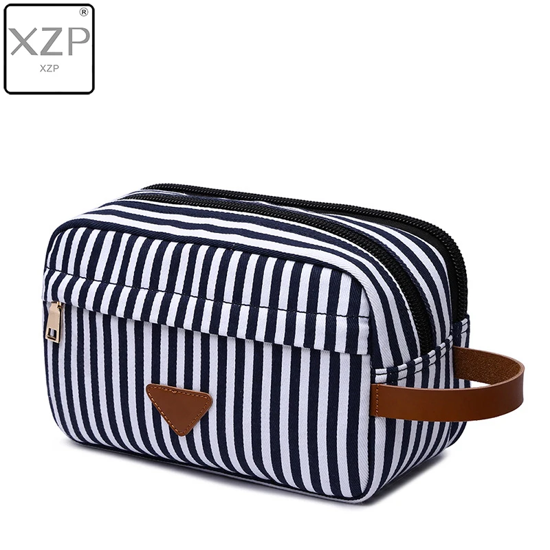 XZP синяя полосатая холщовая косметичка с кожаным украшением новая модная