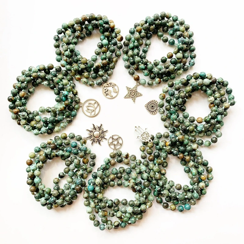 Натуральный Африканский Бирюзовый Камень Четки Будда декор ожерелье мала 108