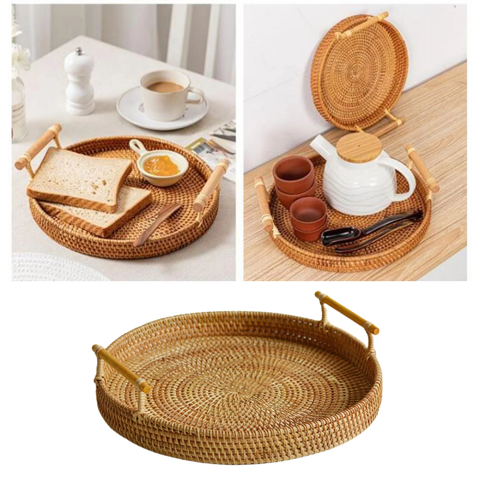 

Плетеный поднос для хранения, поднос для хранения, плетеная корзина, круглый поднос из ротанга для еды, настольного дисплея, вечеринок, кофе,...