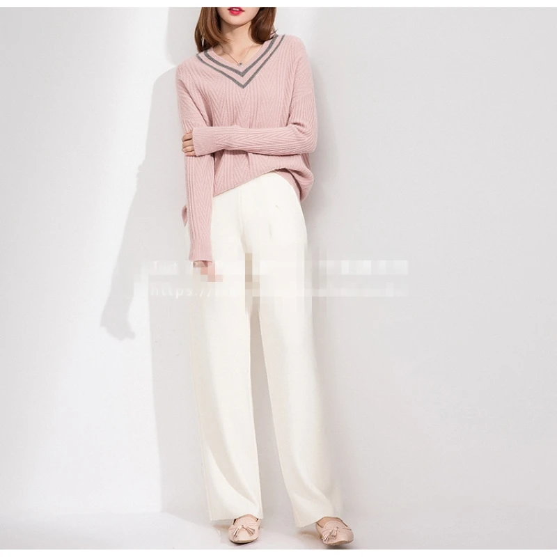 

V neckline loose ladies cashmere sweater 2019 new autumn and winter clothes pink gray white can choose qvtftk323
