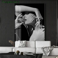 fashion black white woman canvas painting stripe shadow girl poster print nordic character wall art picture home room decor
