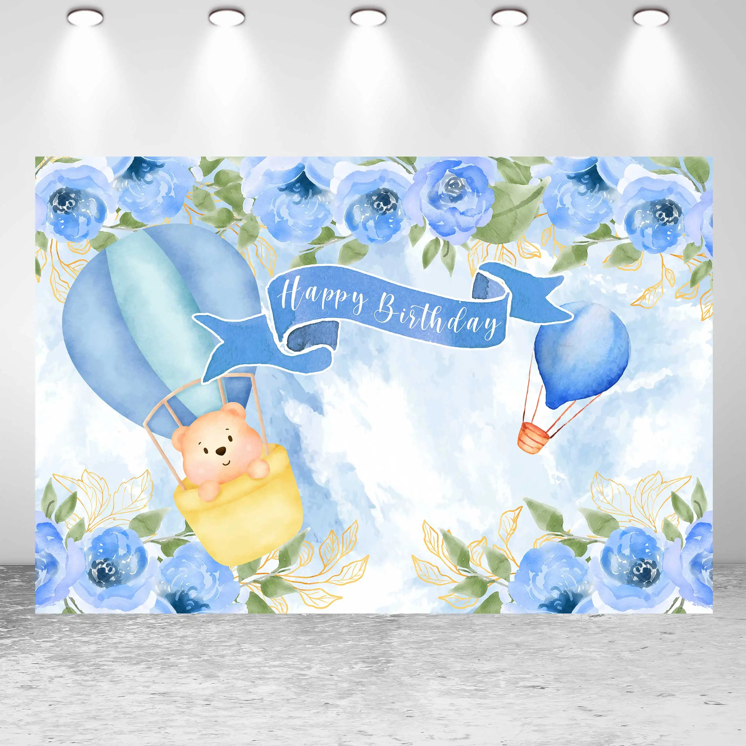 

NeoBack Happy Birthday Baby Shower Bear Watercolor Flowers Hot Air Balloon Party Banner Photo Backdrop Photography Background