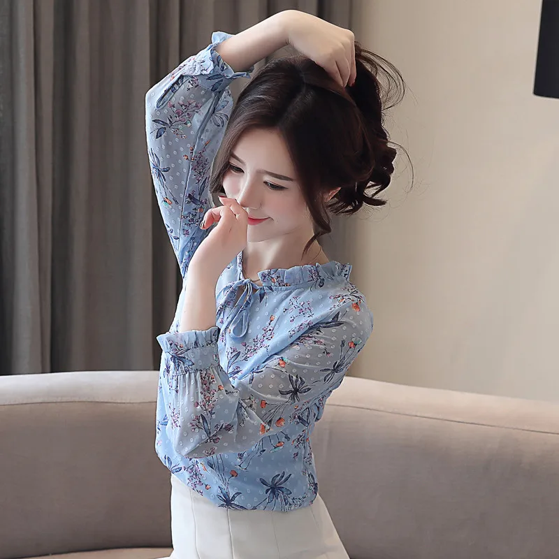 Blusas Mujer De Moda модная женская синяя шифоновая повседневные кофточки элегантные женские Топы с длинным рукавом и бантом женская одежда 6233 50