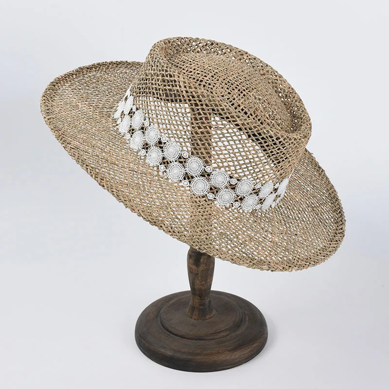 

Women Concave Straw Hat With Lace Decor Wide Brim Cap Breathable For Outdoor Beach Summer 56-58cm