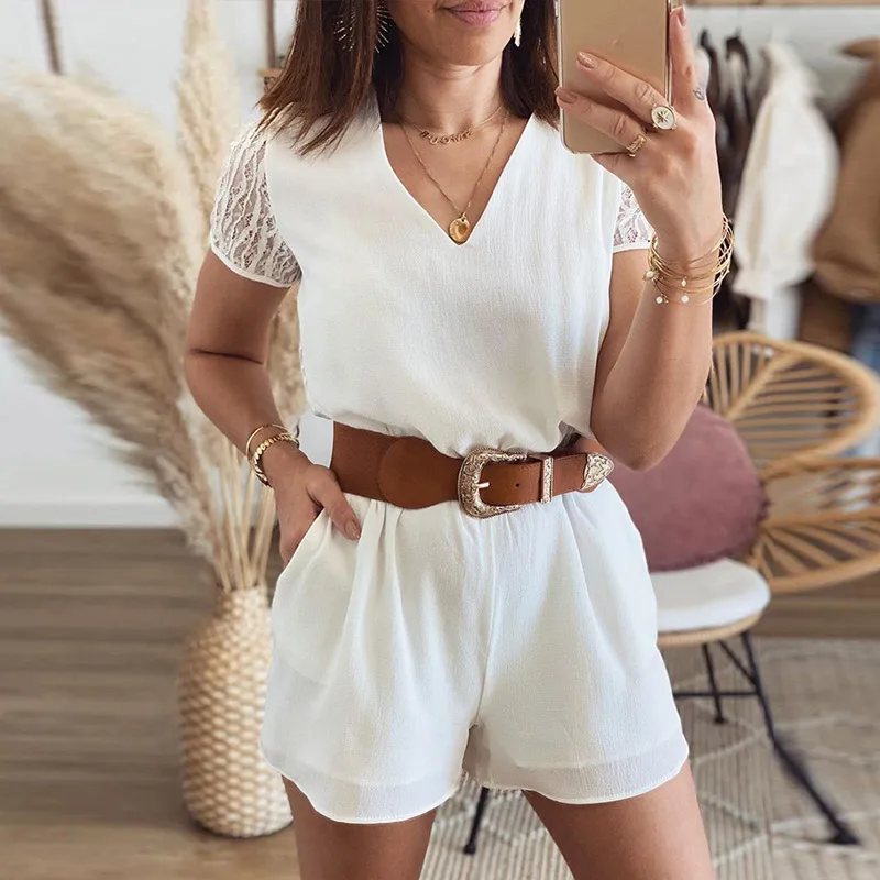 

Women V-Neck Lace Short Sleeve Playsuits Solid Pocket Female Playsuit Slim Elegant For Office Ladies Casual Fashion 2021 Summer