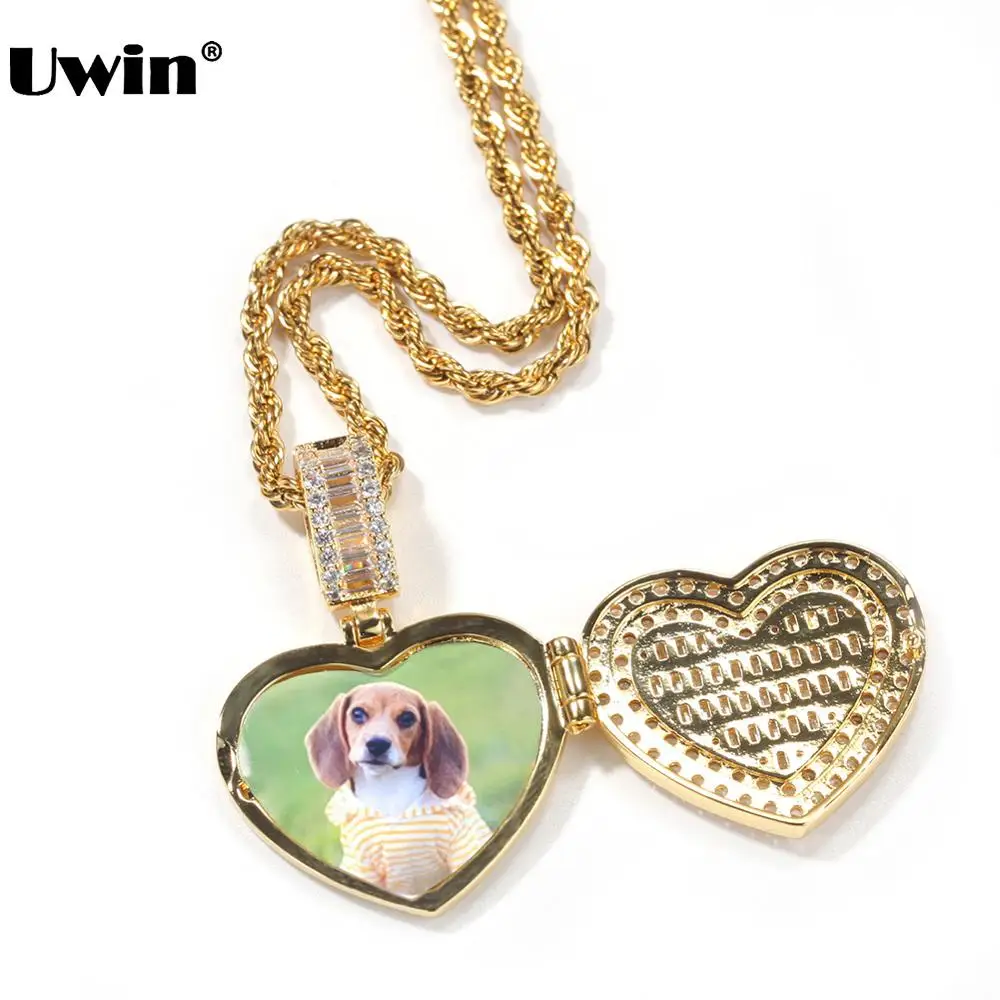

Uwin Fashion Jewelry Customized Photo Necklaces Bling Iced Out AAA Baguette Cubic Zircon Heart Design Open Charms for DIY Gifts