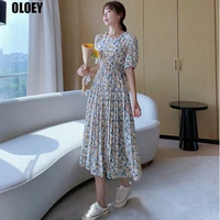 korean one piece summer elegant fashion dress french slim womens dress pleated midi dress new 2021 female floral chiffon dress