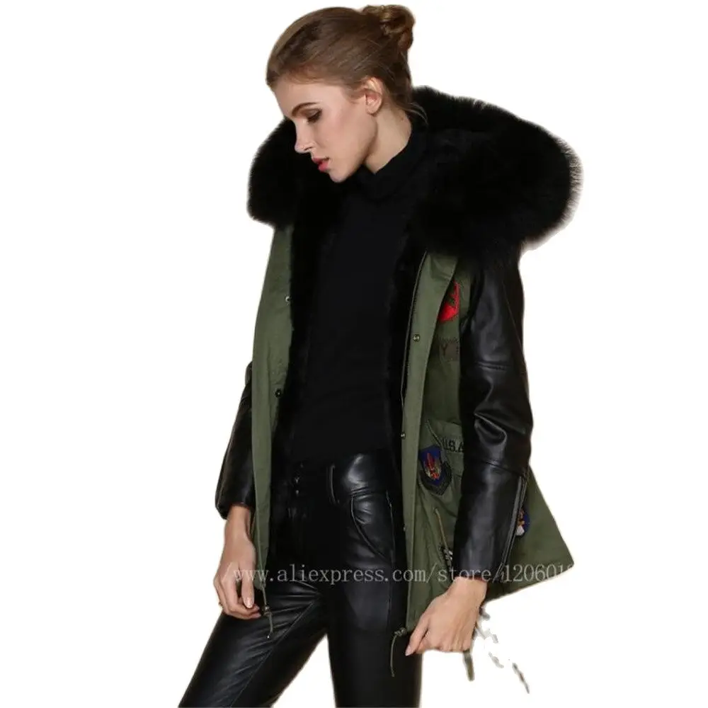 Top women's real raccoon large fur coat Full lining of black faux Army Green mr mrs Jackets Leather Unisex | Женская одежда