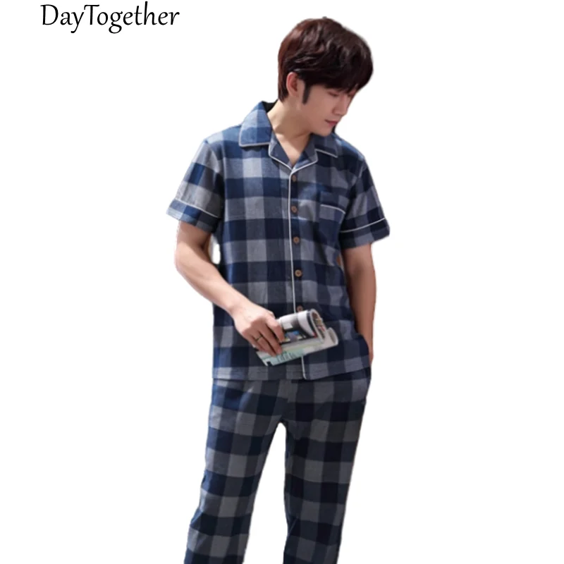 

Summer Men's Cotton Pajamas Short Sleeves Plaid Sleepwear Casual Male Nightgown Suit Two-Piece Homewear