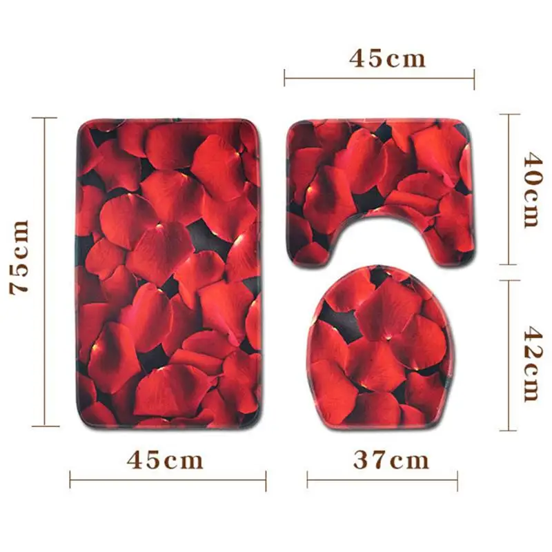 

3 Pieces Bath Rug Set Rose Petals Toilet Floor Contour Mat Toilet Lid Top Covers Non-Slip Bathroom Floor Mat