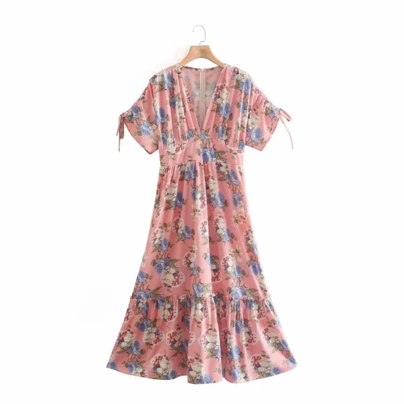 

Платье женское средней длины с цветочным принтом, свободное с кулиской и рукавом реглан, с V-образным вырезом, одежда для отдыха, D8062