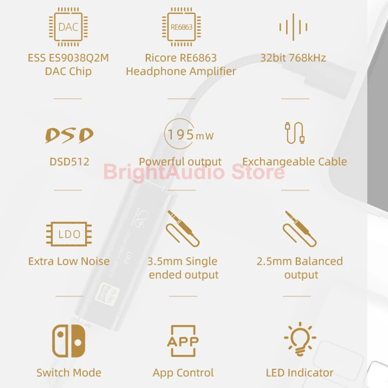 Портативный аудиокабель Shanling UA2 ES9038Q2M Hi Fi USB ЦАП 2 5 мм сбалансированный выход 3 PCM768