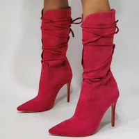 solid pointy toe sexy boots short cross strap lace winter booty women high heel calf boots soft warm shoes big size 47